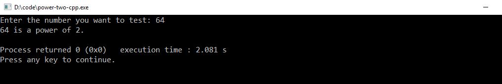 C++ program to check for the power of two output