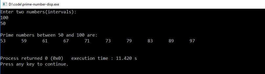 C++ program to display prime numbers between two intervals - Output