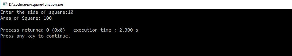 c++ program to find the area of square - output